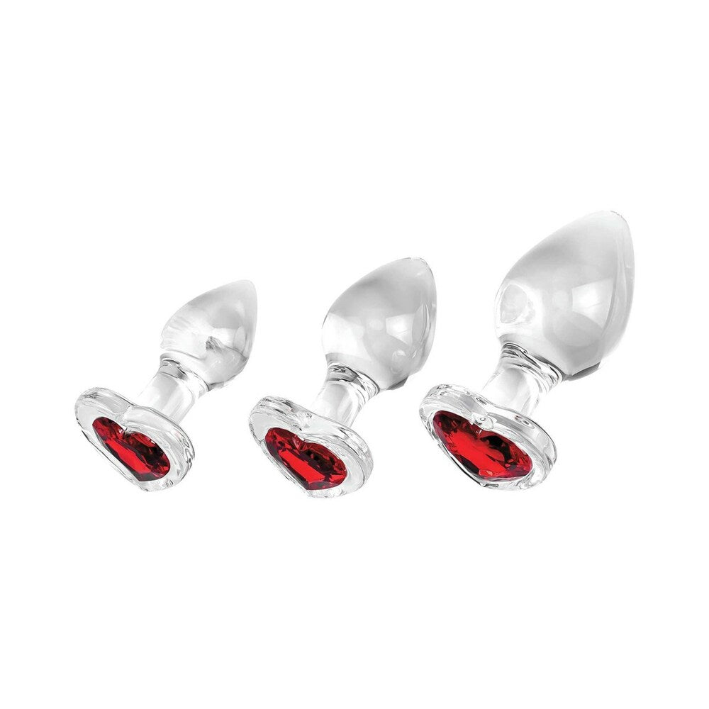 Adam & Eve Red Heart Gem Glass Plug Set – 3-Piece Anal Plug Set with Tapered Tips