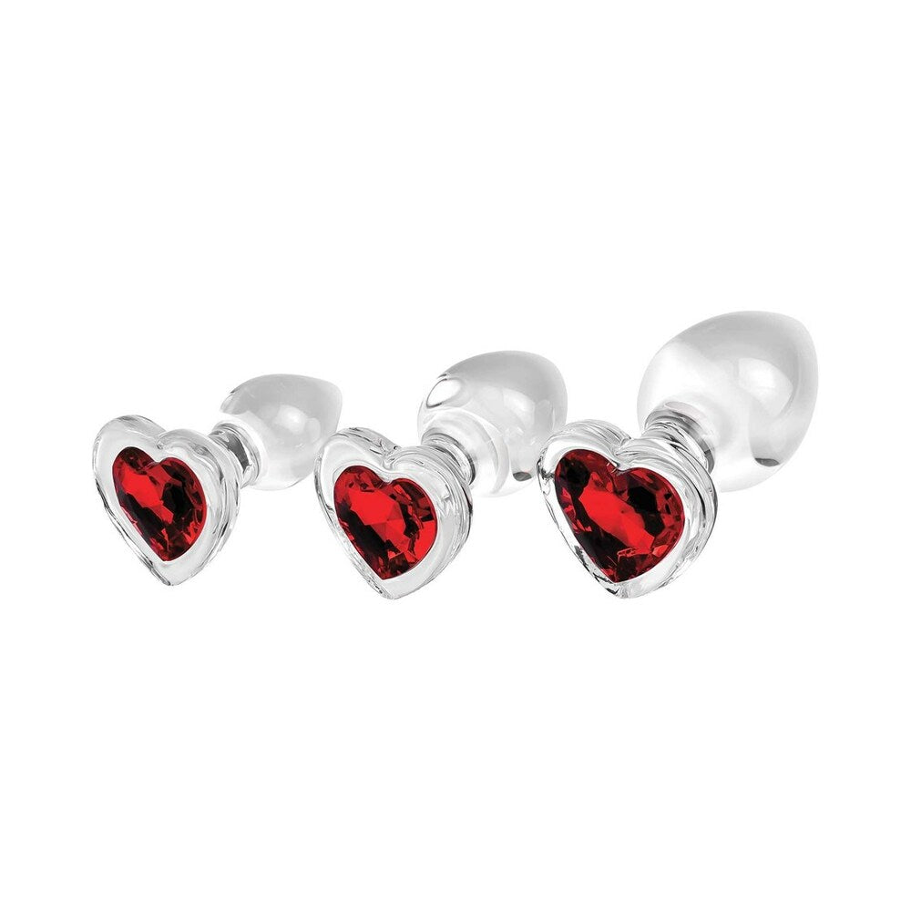 Adam & Eve Red Heart Gem Glass Plug Set – 3-Piece Anal Plug Set with Tapered Tips