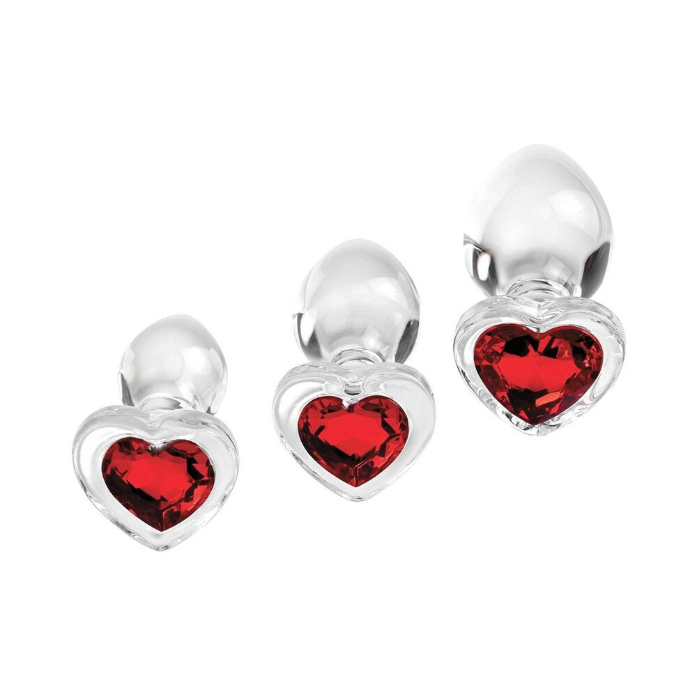 Adam & Eve Red Heart Gem Glass Plug Set – 3-Piece Anal Plug Set with Tapered Tips