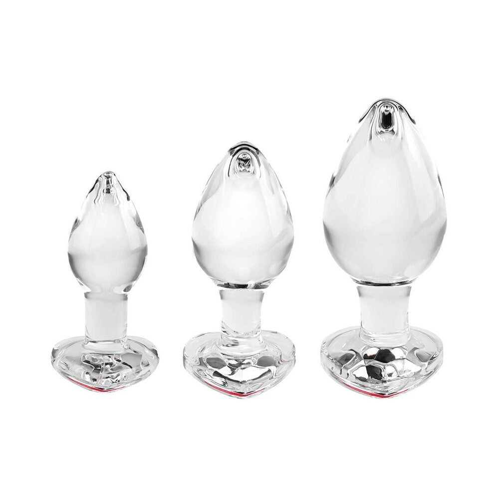 Adam & Eve Red Heart Gem Glass Plug Set – 3-Piece Anal Plug Set with Tapered Tips