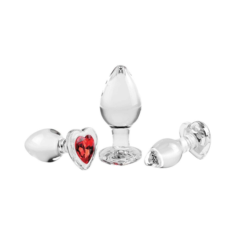 Adam & Eve Red Heart Gem Glass Plug Set – 3-Piece Anal Plug Set with Tapered Tips