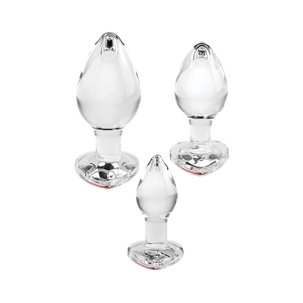 Adam & Eve Red Heart Gem Glass Plug Set – 3-Piece Anal Plug Set with Tapered Tips