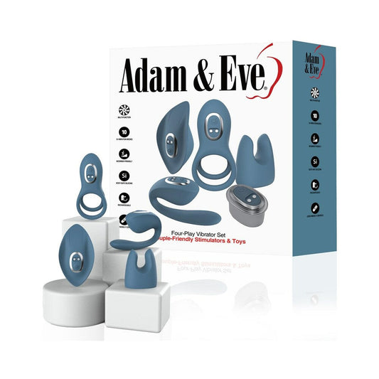 Adam & Eve Four-Play Vibrator Set – Vibrating Base with 4 Interchangeable Toys – Blue