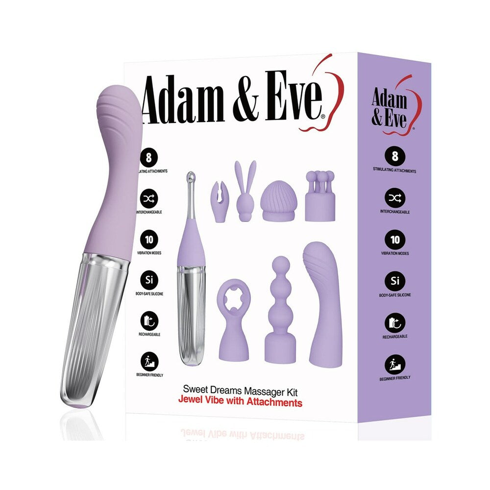 Adam & Eve Sweet Dreams Massager Kit – Rechargeable Vibrator with 8 Attachments – Light Purple