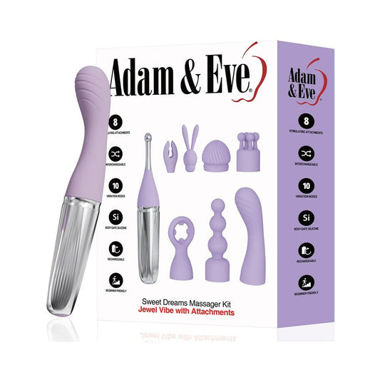 Adam & Eve Sweet Dreams Massager Kit – Rechargeable Vibrator with 8 Attachments – Light Purple