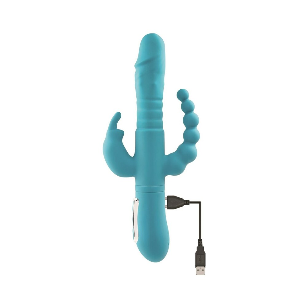 Adam & Eve Eve's Thrusting Triple Joy Rabbit – Teal, Triple Shaft Vibrator with 10 Speeds