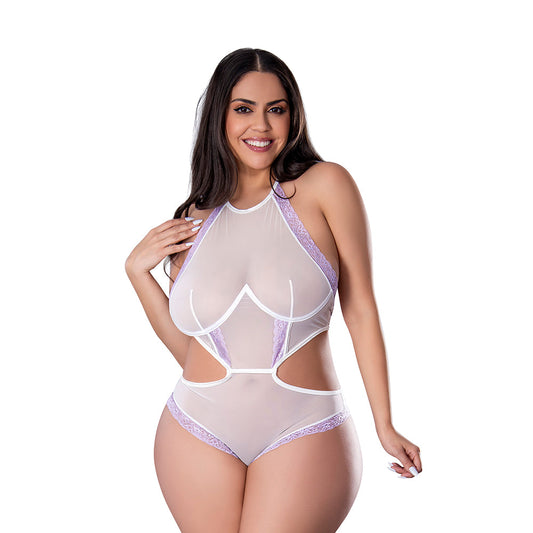 Magic Silk Sheer Passion Halter Teddy – White/Lavender – Queen Size