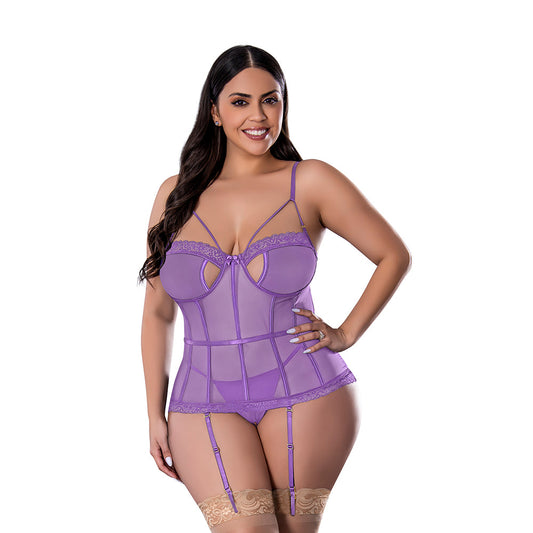 Magic Silk Sheer Passion Keyhole Basque & Crotchless G-String - Very Peri - Queen Size