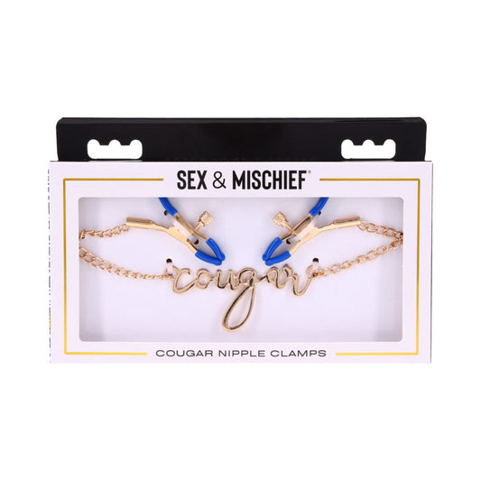 Sportsheets Cougar Nipple Clamps with Gold Chain and Blue Tips