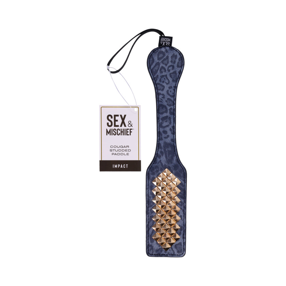Sportsheets Cougar Studded Paddle – Animal Print Faux Leather with Gold Studs
