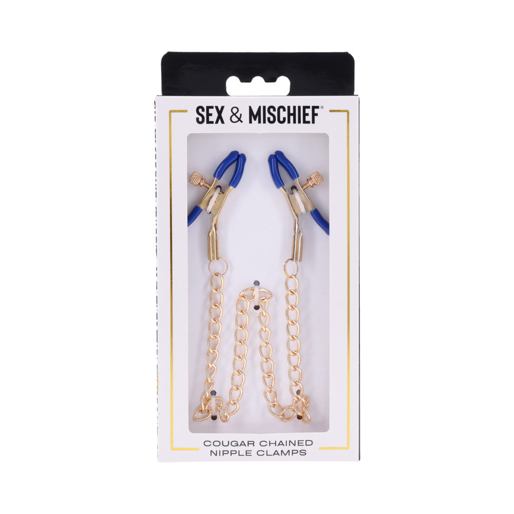 Sportsheets Cougar Chained Nipple Clamps with Adjustable Tension – Blue