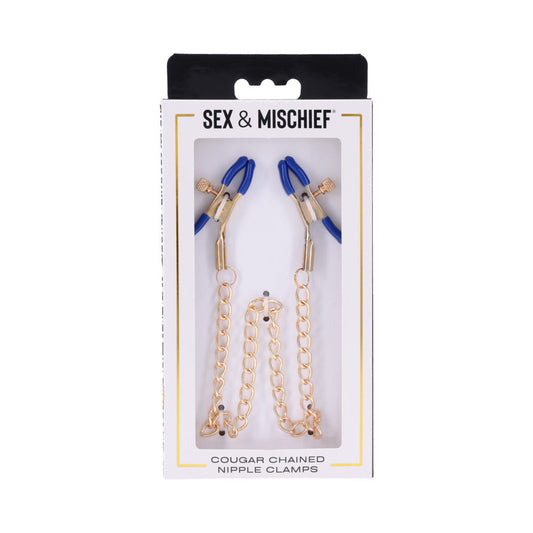Sportsheets Cougar Chained Nipple Clamps with Adjustable Tension – Blue