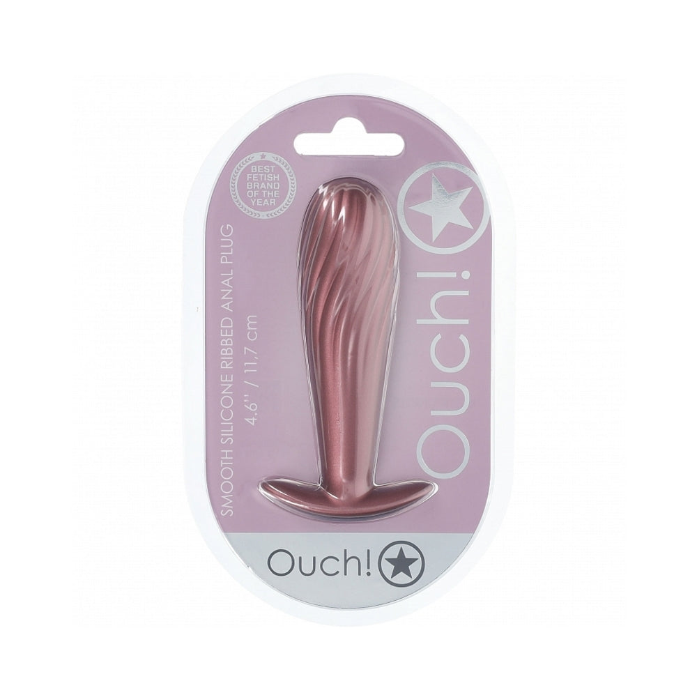 Ouch! Ribbed Silicone Anal Plug 4.6 in. Waterproof Rose Gold