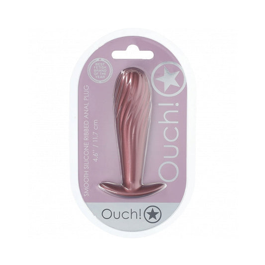 Ouch! Ribbed Silicone Anal Plug 4.6 in. Waterproof Rose Gold