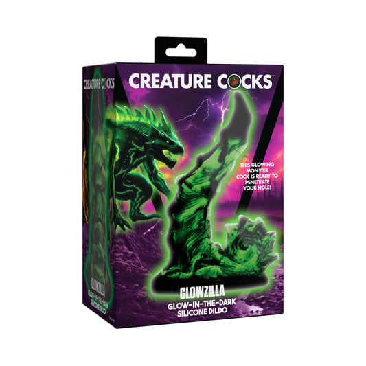 Creature Cocks Glowzilla Silicone Dildo – Green – Curved Shaft with Suction Cup Base