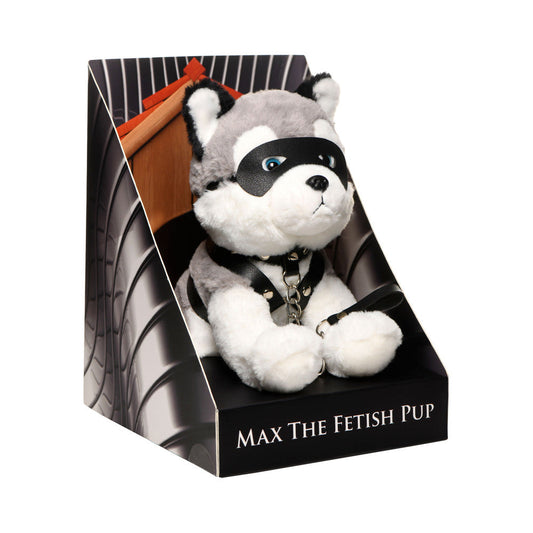 XR Brands Max the Fetish Pup – Plush Stuffed Animal with Vegan-Leather Accessories – Gray