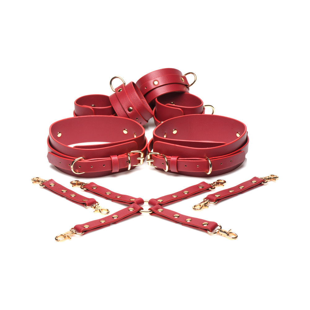 Master Series Thigh & Wrist Hog Tie Restraints – Red – Vegan Leather