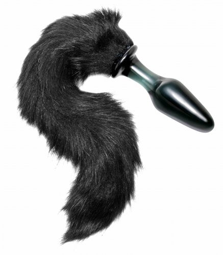 XR Brands Midnight Fox Glass Plug With Tail - Black - Tapered Glass Anal Plug with Faux Fur Tail