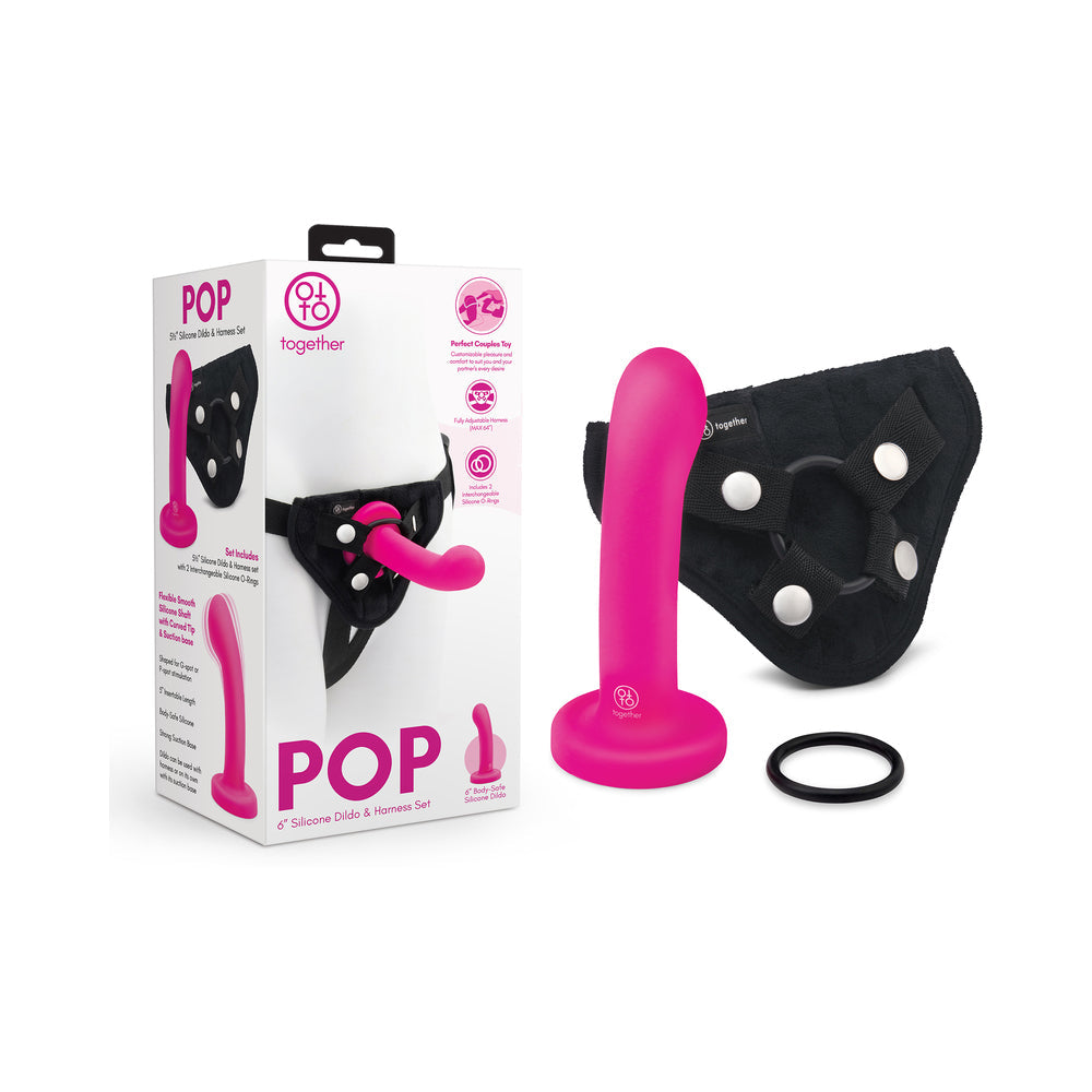 Together Pop 6 in. Silicone Dildo & Harness Set – Hot Pink