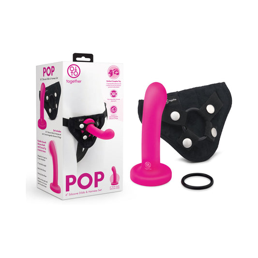 Together Pop 6 in. Silicone Dildo & Harness Set – Hot Pink