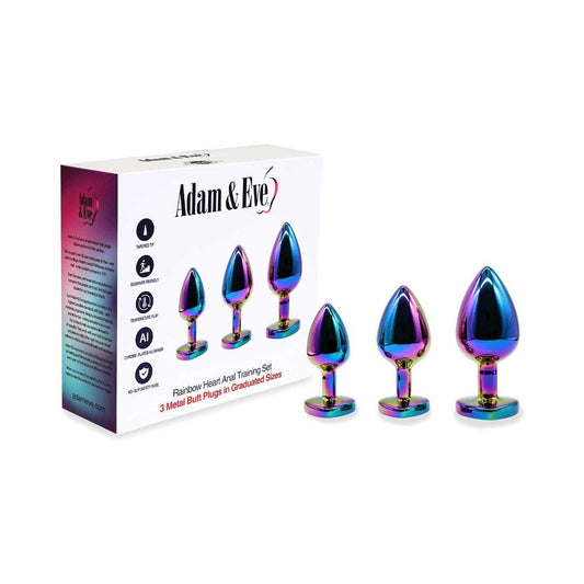 Adam & Eve Rainbow Heart Anal Plug Training Set – 3 Sizes, Chrome-Plated Aluminum