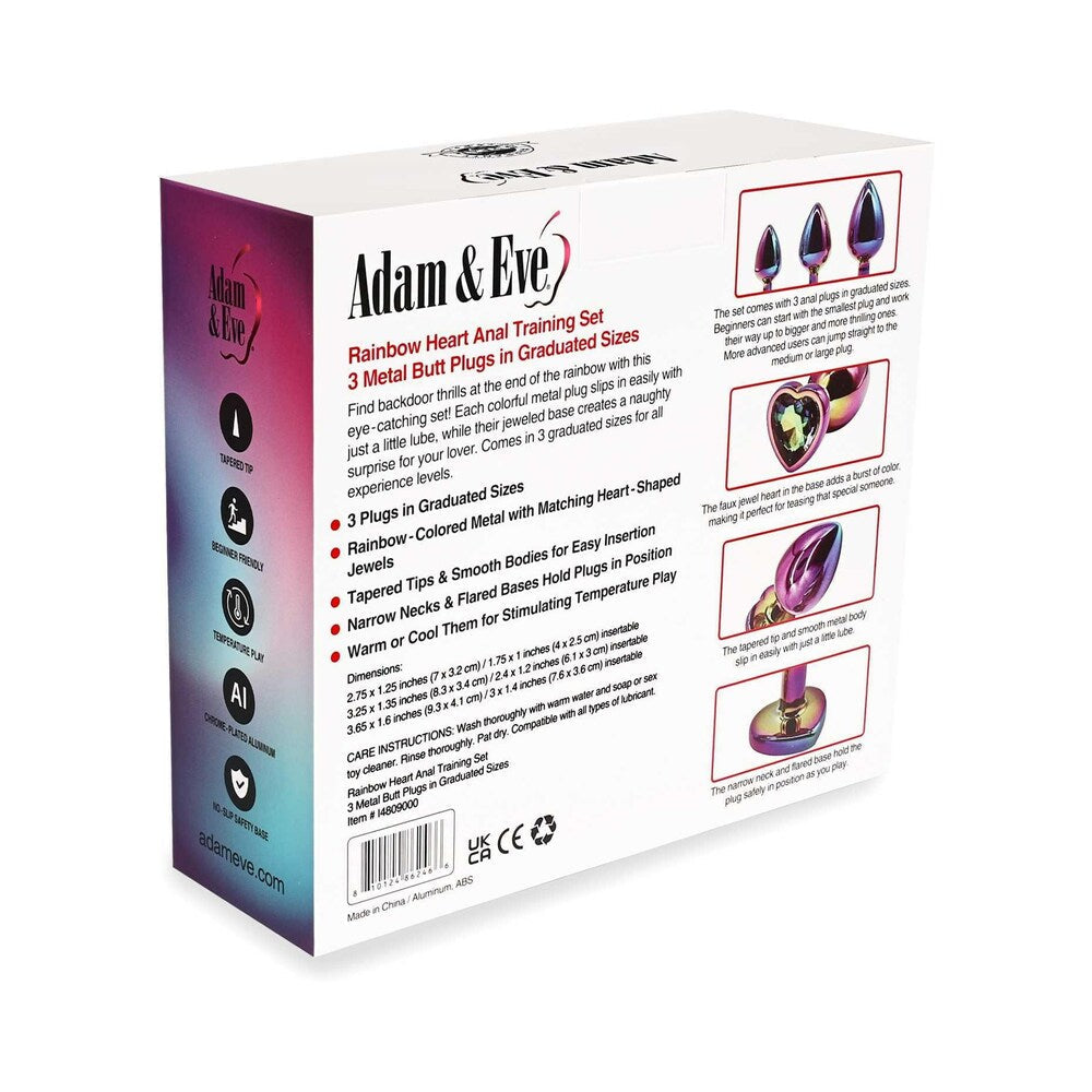 Adam & Eve Rainbow Heart Anal Plug Training Set – 3 Sizes, Chrome-Plated Aluminum