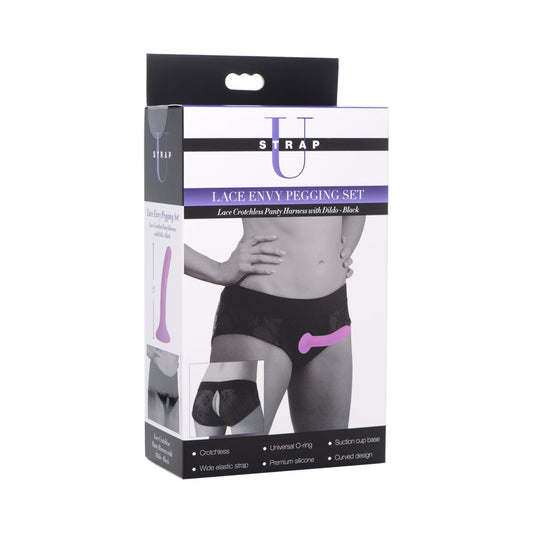 XR Brands Lace Envy Pegging Set – Crotchless Harness with Universal O-Ring – Black