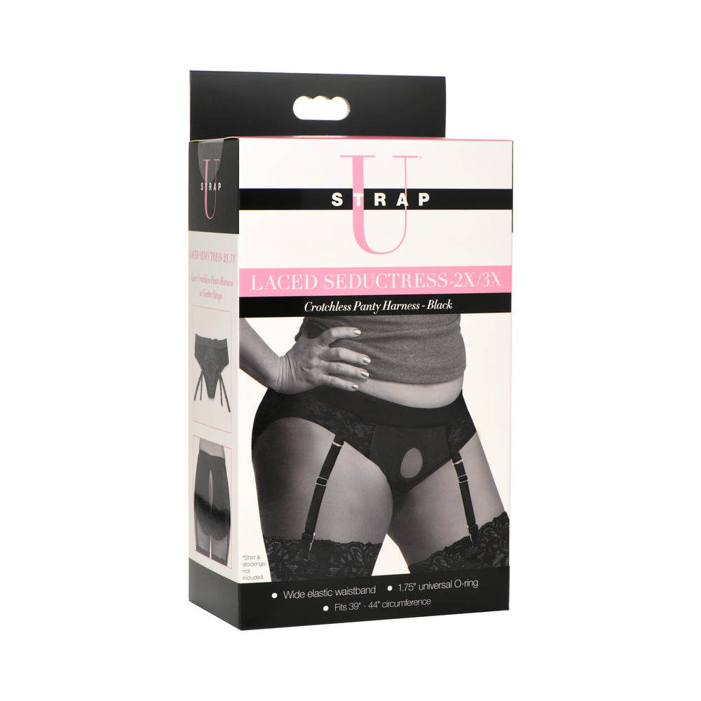 Strap U Laced Seductress Lace Crotchless Panty Harness & Garter Straps - Black - 2XL/3XL
