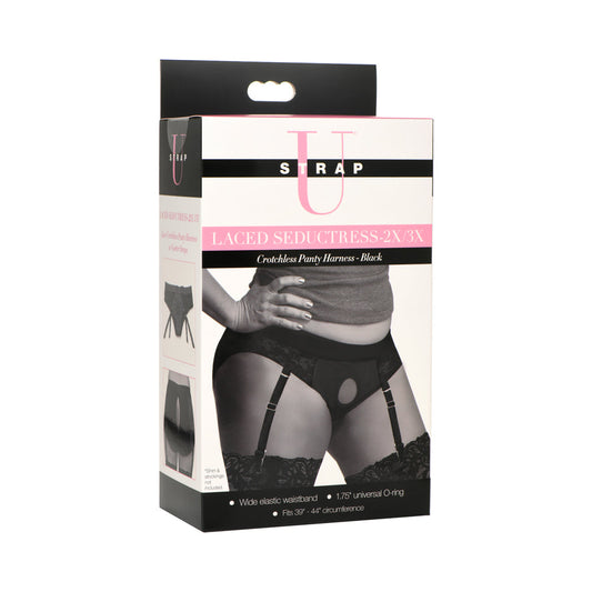 Strap U Laced Seductress Lace Crotchless Panty Harness & Garter Straps - Black - 2XL/3XL