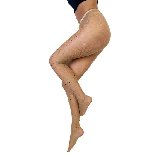 Kixies Tan Fishnet Mardi Gras Tights – XL Size with Rhinestones