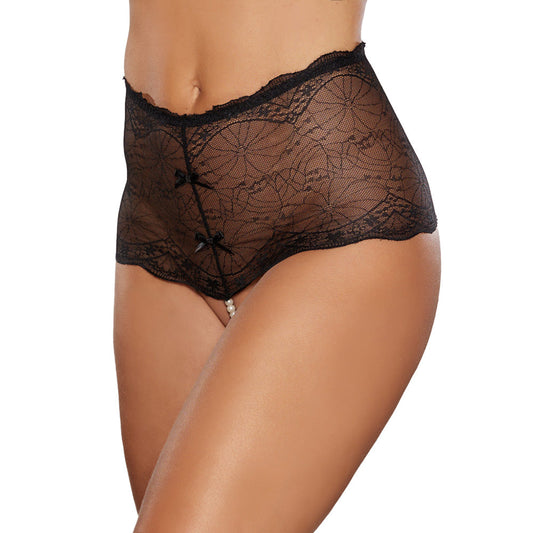 Allure Passion & Pearl High-Waisted Lace Thong with Pearl String - Black