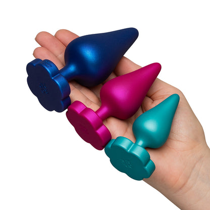 ROMP Luster Anal Plug Set – Multi-Color – Three Sizes for Beginner Anal Play