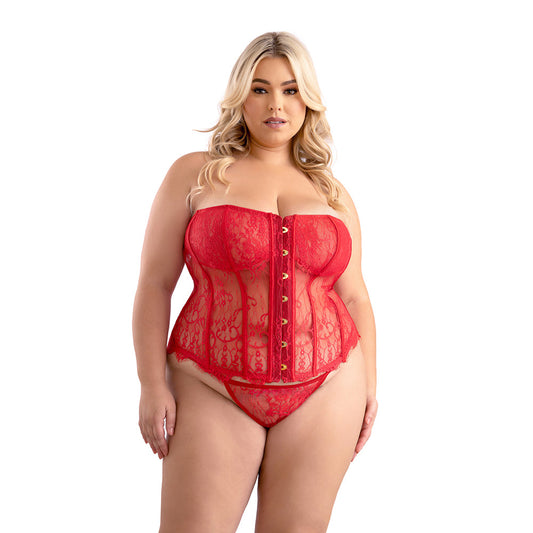 Fantasy Lingerie Eyelash Lace Corset with Busk Front & Lace-Up Back – Red, 2XL