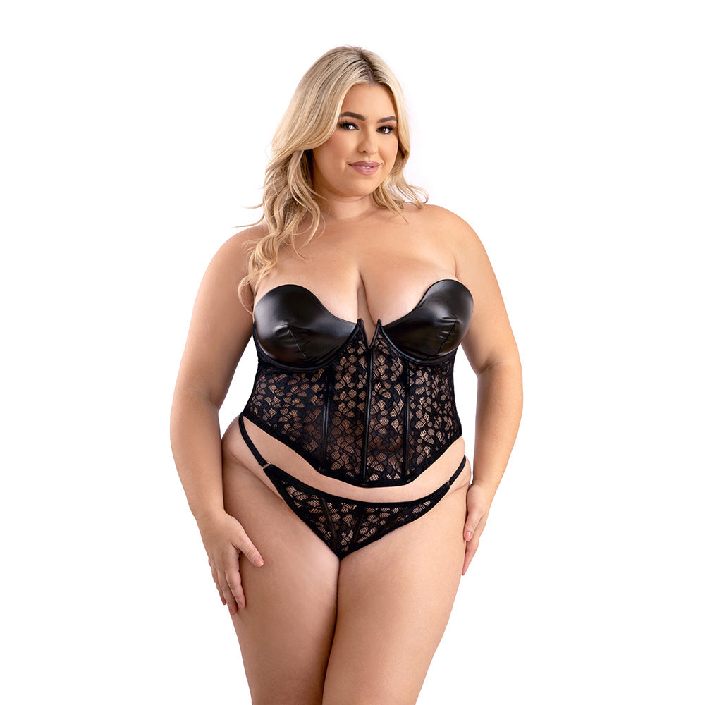 Fantasy Lingerie Leather Look and Lace Underwire Corset with Matching G-String Panty - Black - 2XL