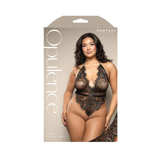 Fantasy Lingerie Opulence Shimmer Lace Pearl Halter Teddy with Open Back - Black - Queen Size