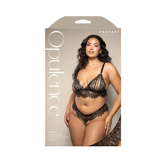 Fantasy Lingerie Opulence Lace Bralette and Crotchless Double Pearl Panty Set – Black – Queen Size