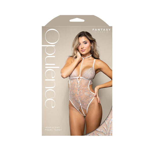 Fantasy Lingerie Opulence Metallic Embroidered Teddy with Pearl Harness & Open Pearl Crotch - White, L/XL