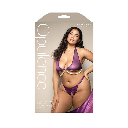 Fantasy Lingerie Opulence Foiled Mesh Halter Bralette with Pearl Underbust & Crotchless Panty – Purple, Queen Size