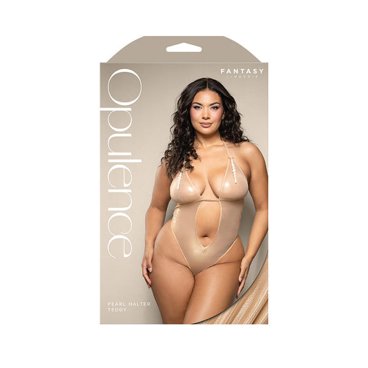 Fantasy Lingerie Opulence Foil Mesh Cut-Out Halter Teddy with Pearl Sliders – Gold, Queen Size