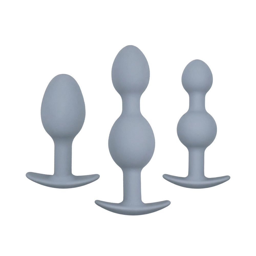 Adam & Eve Vibra-Ball Trio Butt Plug Set with Beaded Shapes – Gray