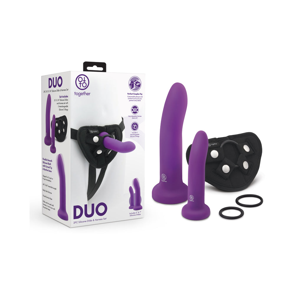 Together Duo Silicone Dildo and Harness Set – Purple