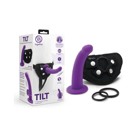 Together Tilt 6.5 in. Silicone Dildo and Harness Set – Purple