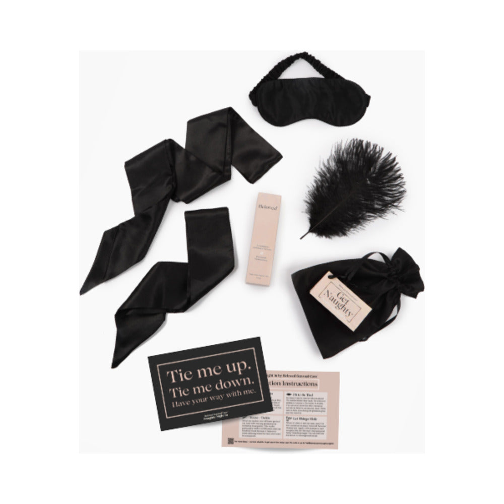 Beloved Naughty Night In Gift Set – Intimacy Serum, Blindfold, Restraint Ties, Feather Tickler