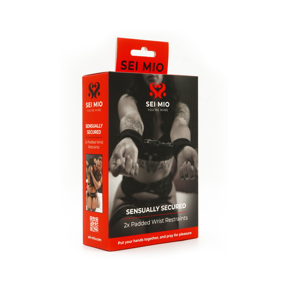 SEI MIO Sensually Secured Velvet Handcuffs – Black – Adjustable Padded Restraints