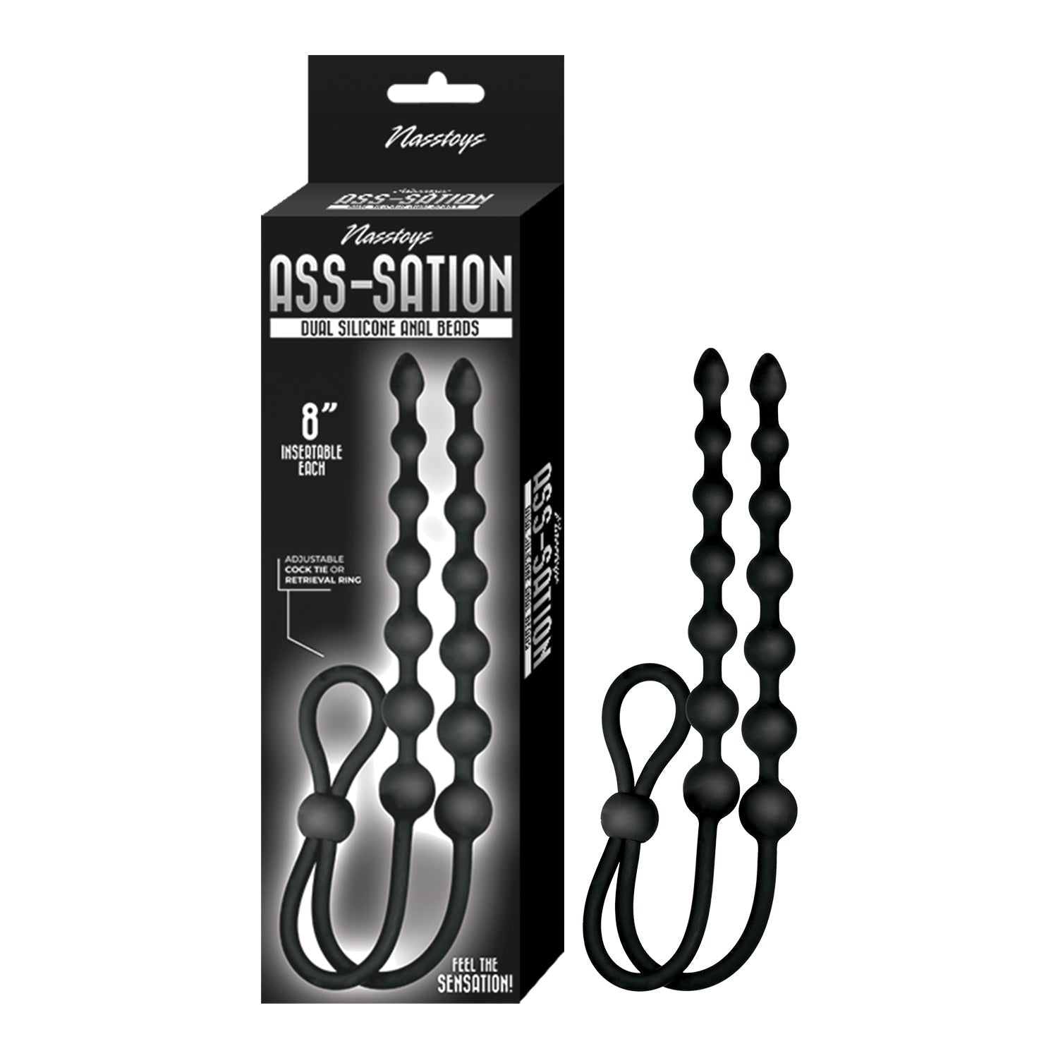 Nasstoys Ass-Sation Dual Silicone Anal Beads - Black - Adjustable Cock Ring and Graduated Beads