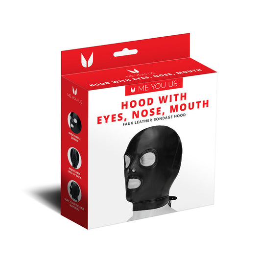 Me You Us Hood with Eyes, Nose, and Mouth - Black Faux Leather