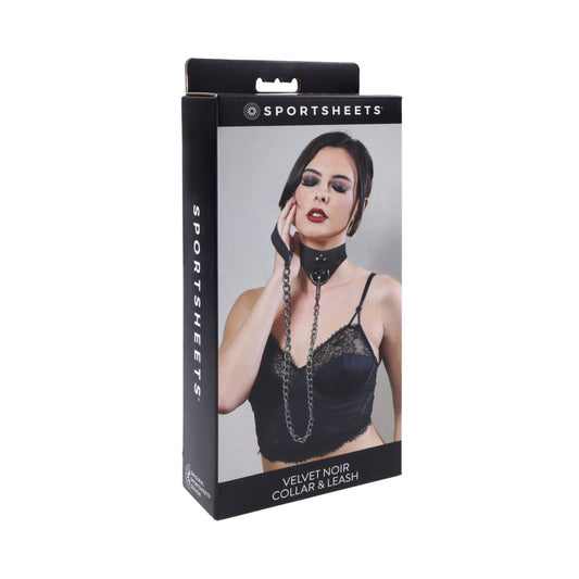 Sportsheets Velvet Noir Collar & Leash – Black Leather Restraint Set