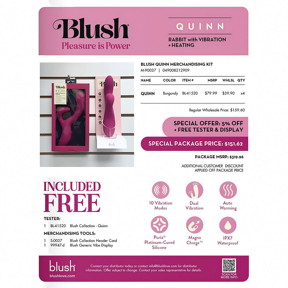 Blush Quinn Merchandising Kit - Rabbit Vibrator with Vibration and Heating - Burgundy
