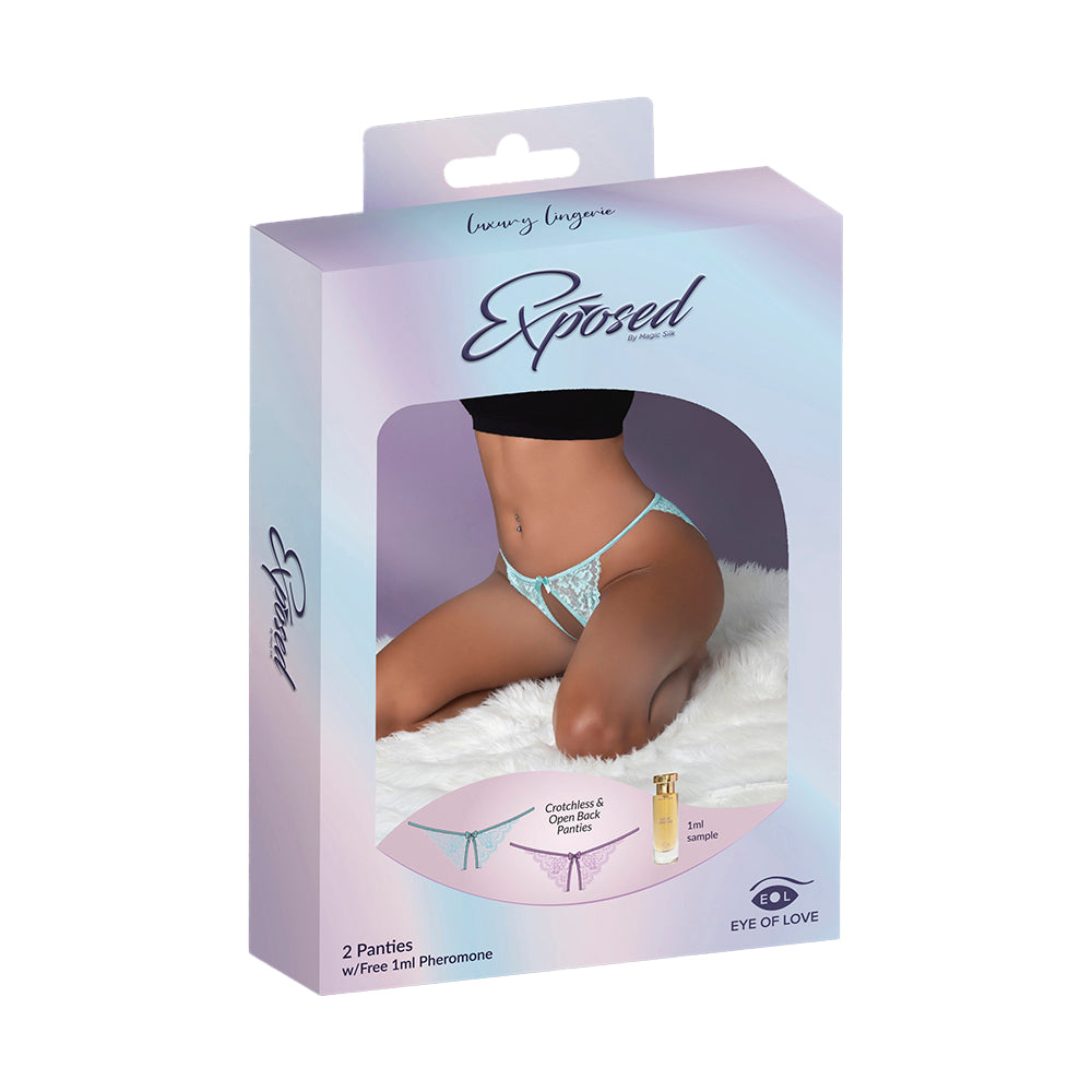 Magic Silk Pheromone Crotchless & Open Back Panty 2-Pack - Lilac/Aqua S/M