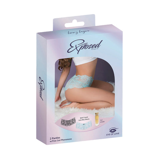 Magic Silk Pheromone Panties Split Crotch Lace Boy Short 2-Pack – Aqua/Black